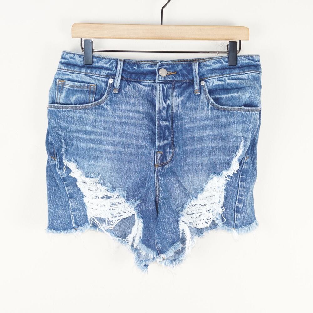 Good American Bombshell Denim Distressed High Rise Blue Shorts Womens Sz 8 / 29